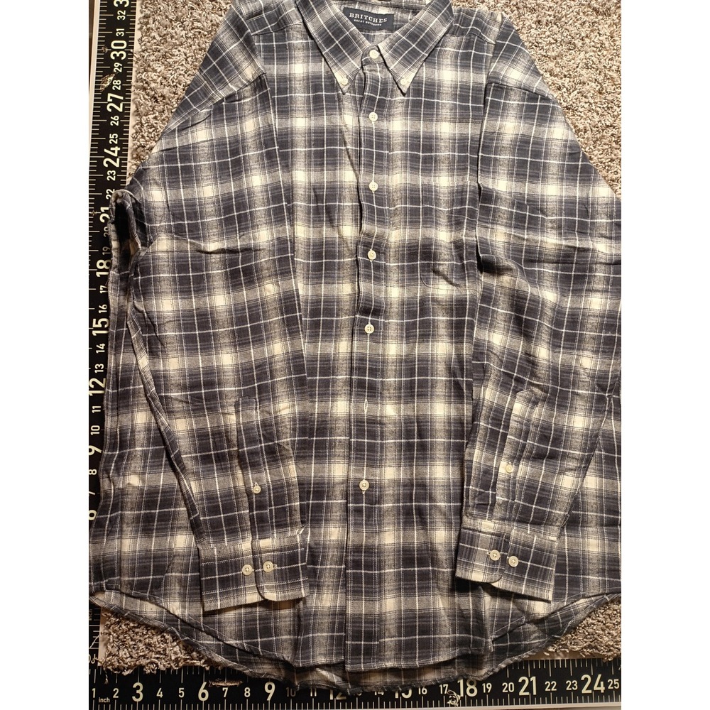 Britches Great Outdoors Mens XL Plaid Button Down Shirt Blue White 100% Cotton